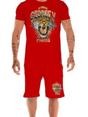 Avenue George V Paris Short Set Men's Red 2 piece set tiger Rhinestone  XL 3XL
